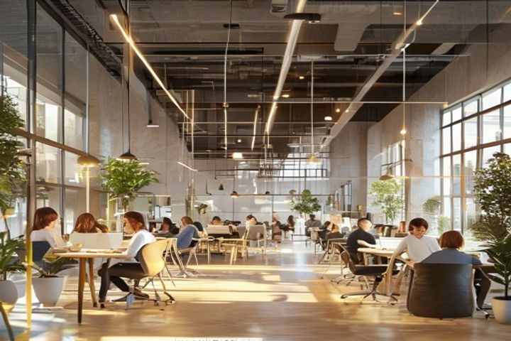 大胸女友品牌办公空间全景，现代化的开放式工作区域内，员工们专注工作，落地窗外阳光明媚，整体氛围温暖而充满创造力，体现了品牌积极向上的企业文化