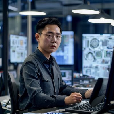 大胸女友技术总监张浩先生，专注地在多屏工作站前进行系统架构设计，背景是整洁的技术研发办公室，展现出严谨专业的技术气质