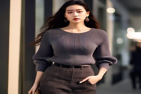 大胸女友日常穿搭展示，模特穿着深色V领针织衫搭配高腰阔腿裤，在明亮自然光下展现优雅比例，显瘦效果明显