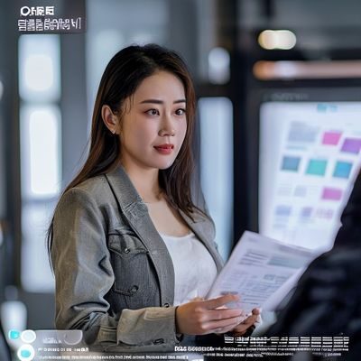 大胸女友用户体验总监陈晓梅女士，正在与设计团队讨论新版界面原型，桌上摆放着多份用户调研报告，神情专注而充满热情