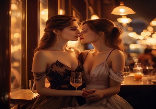温暖复古风格的情侣约会场景，女性穿着V领连衣裙展现大胸女友的优雅穿搭魅力，背景为暖光餐厅，氛围甜蜜浪漫